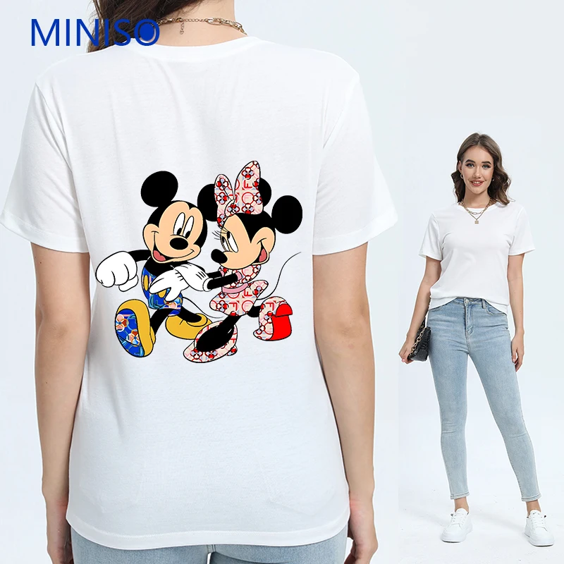 

Clothing Trends 2025 Disney Mickey Minnie Printed Cotton T-shirt for Loose Fashion Clothes Women's Short Sleeve Top Brands