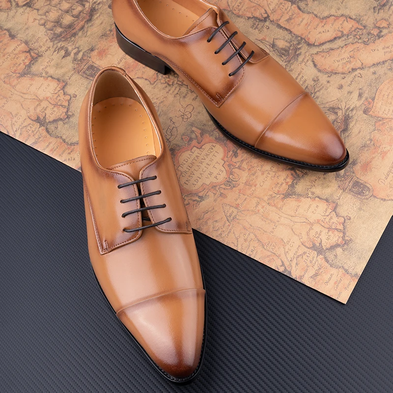 New Arrival Mens Leather Shoes Lace-up Handmade Leather Wedding Party Office Formal Shoes Oxford Derby Stylish Business Elegant