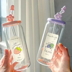 500ml Fruit Patterned Glass Straw Cup With Lid Transparent Juice Beverage Cup Home Drinking Glasses Ice Water Coffee Mug Bar