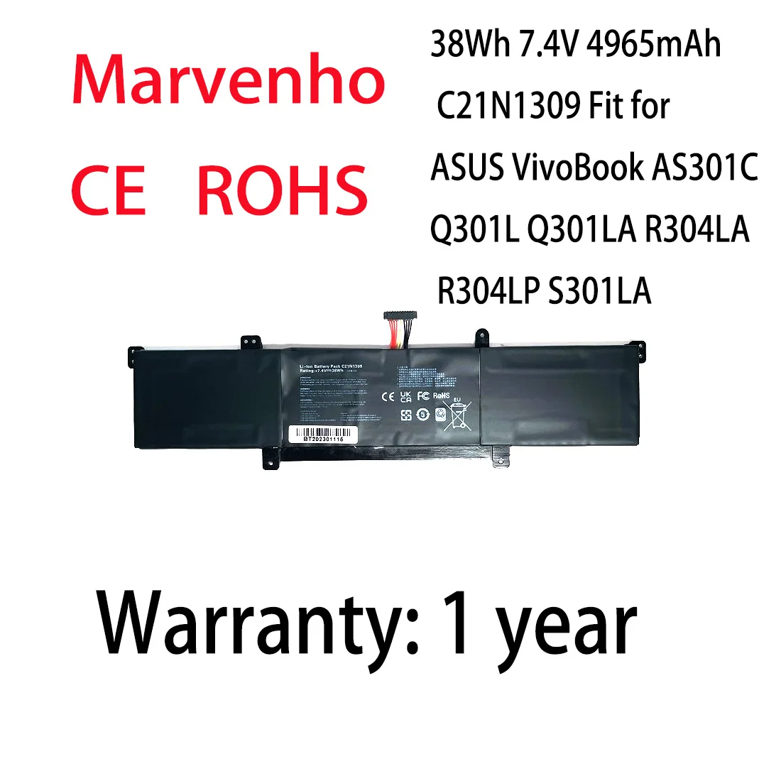 New Marvenho 38Wh 7.4V 4965mAh  C21N1309 Laptop Battery For ASUS VivoBook AS301C Q301L Q301LA R304LA R304LP S301LA