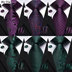 Hi-Tie Paisley Purple Green Floral Silk Elegant Tie For Men Groom Wedding Men Necktie Pocket Square Cufflink Accessory Wholesale