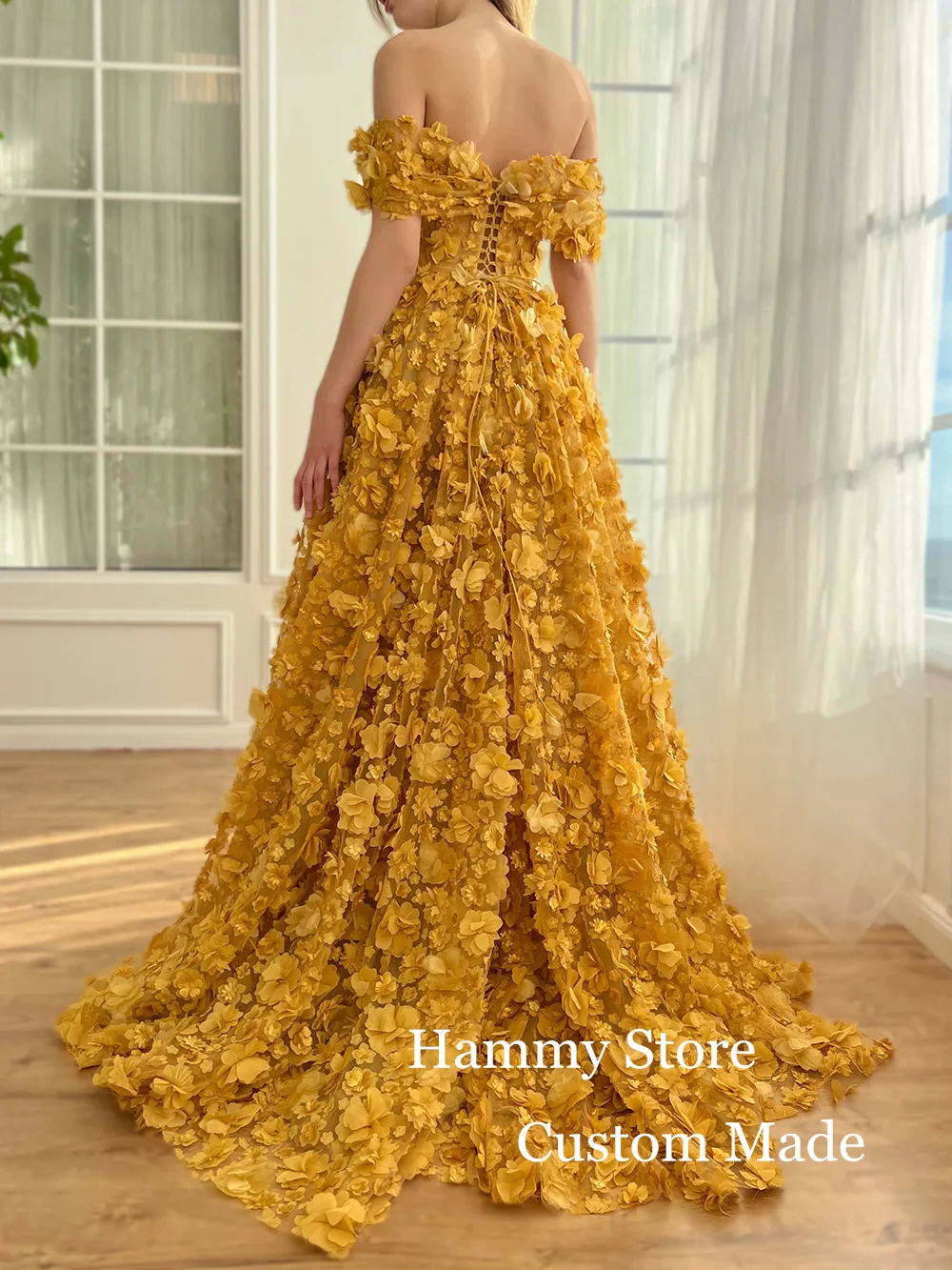 Luxury Gold Flower Evening Dress Customized Off Shoulder V Neck Pearls Slit See Through Saudi Arabian Prom Gown Party Dresses