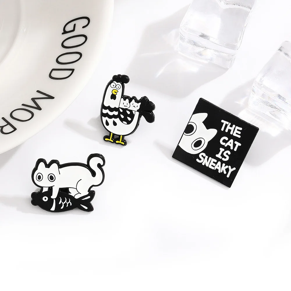 Cute Cartoon Black White Cat Enamel Brooch Creative Animal Chicken Fish Friend Lapel Pin Badge Backpack Clothing Hat Accessories