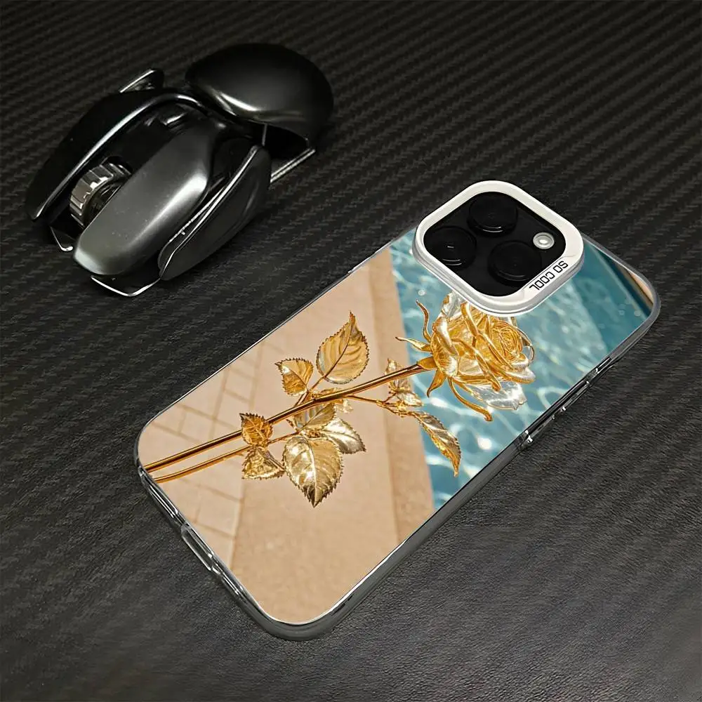 حافظة هاتف جميلة فاخرة باللون الذهبي الوردي لهواتف iPhone 16,15,14,13,12,11,Mini,Pro,MAX غطاء أبيض غير لامع مقاوم للصدمات