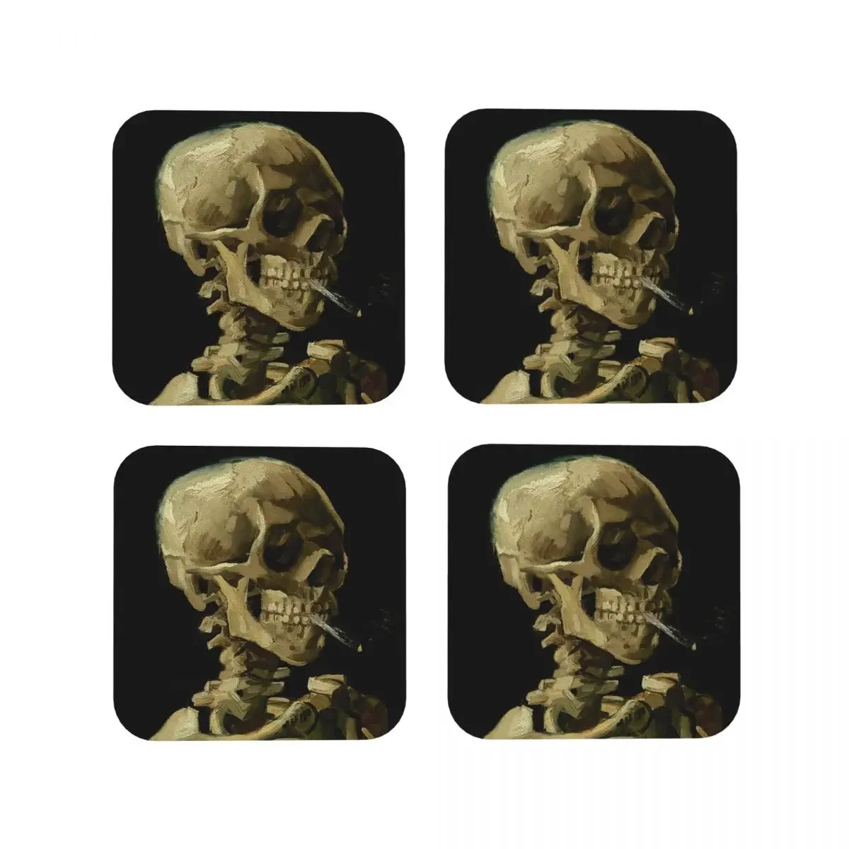 Vincent Van Gogh - Skull Of A Skeleton With Burning Cig Coasters Kitchen Placemats Cup Coffee Mats For Tableware Pads Set of 4