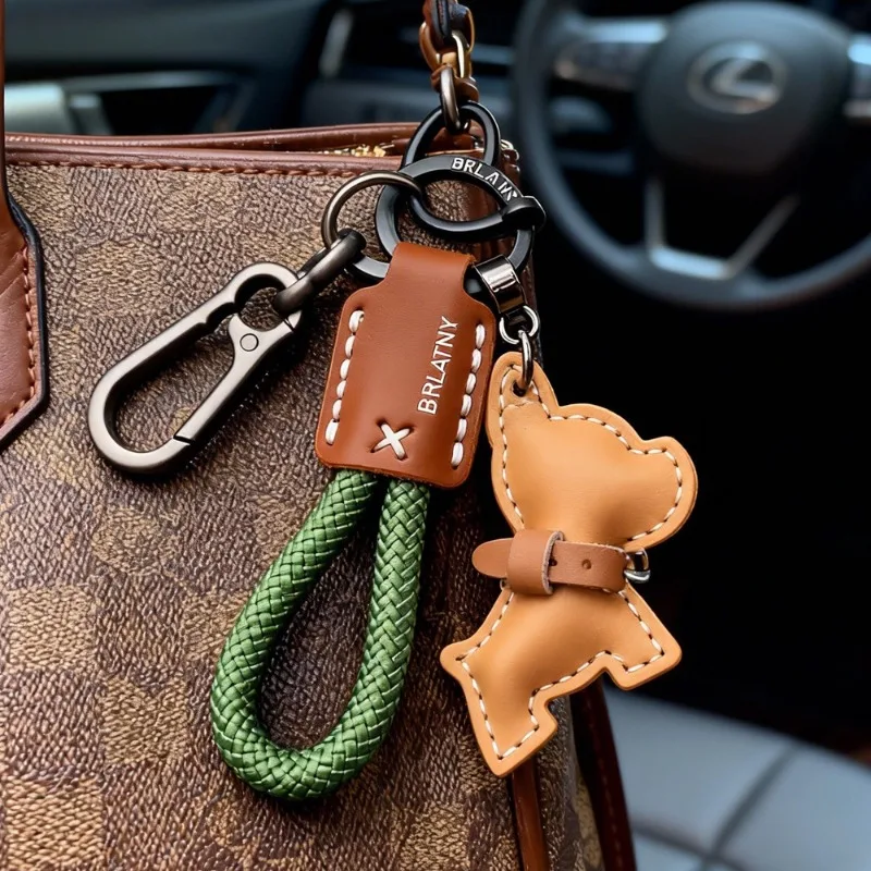 French Bulldog Keychain Handmade Genuine Leather, Braided Rope Key Chain with Anti-Loss Strap for Women Men, Car Key Organize