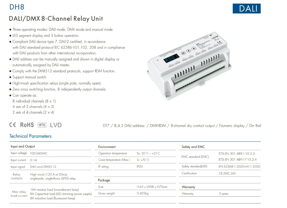 NEW 100-240VDC DALI / DMX RDM 8-Channel Relay Unit Controller  8CH*16A Numeric Display / Din Rail DH8 (DT7) For LED Lights Lamp