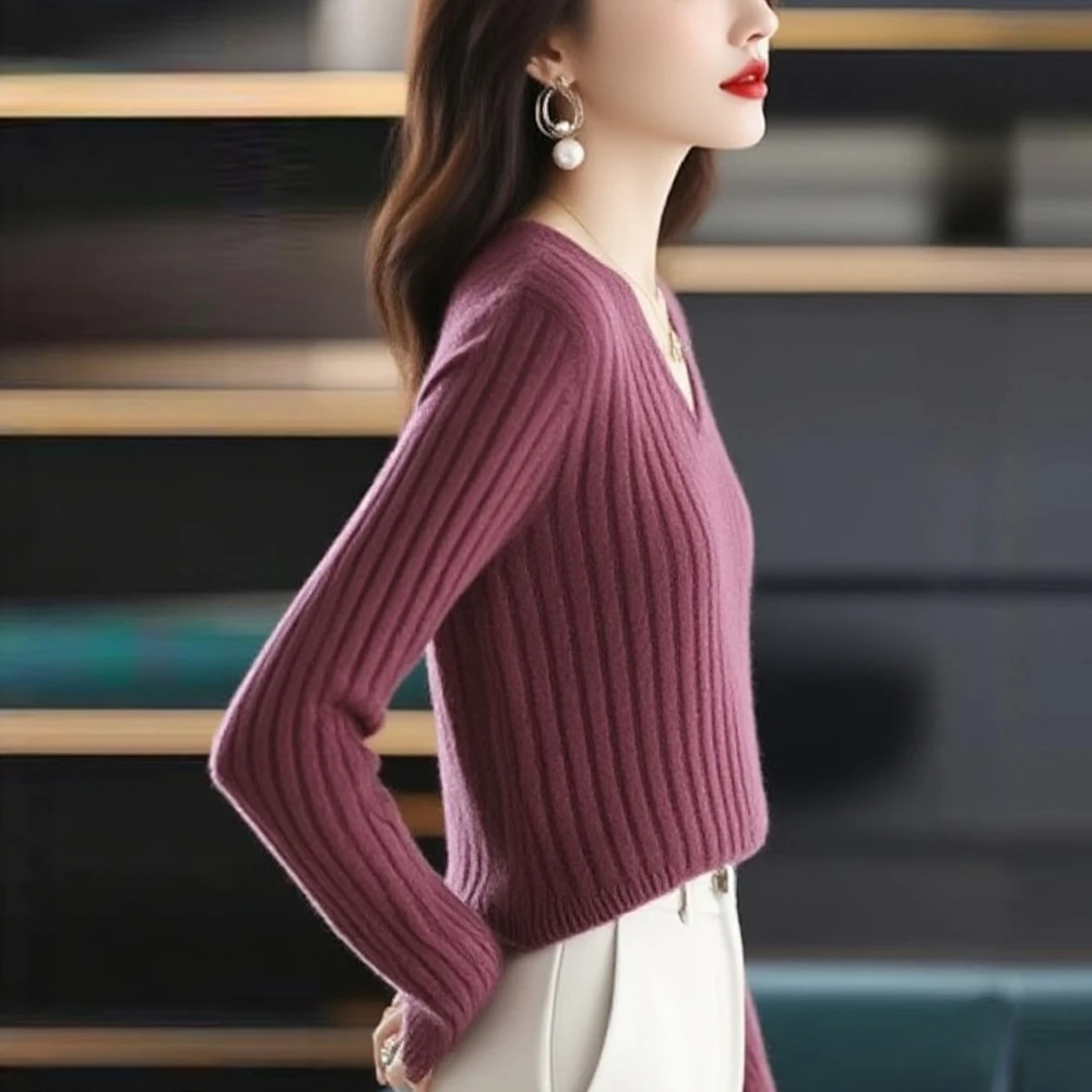 

V Neck Sweater Women Long Sleeve Top White Black Screw Slim Stretch Knit Shirt Pullovers Young Woman Clothes Female Blouses