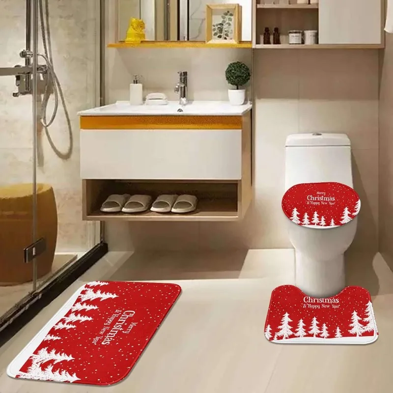 Christmas Decorative Floor Mat, Bathroom Three-piece Absorbent Quick-drying Non-slip Floor Mat Floor and Accessories