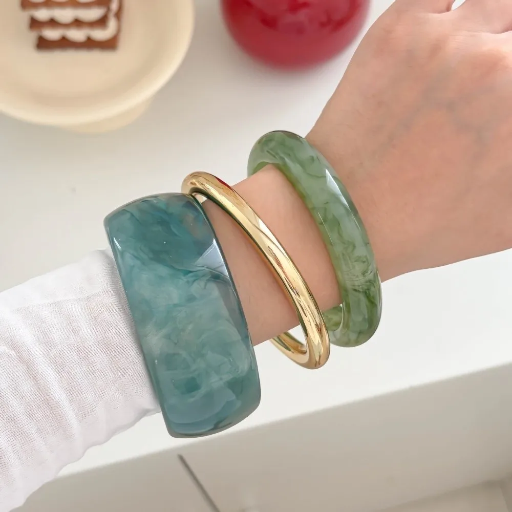 3Pcs New Multi-color Resin Alloy Bangles Set Wide Design Smudged Cuff Bracelet Set Punk Stackable Round Bracelet Jewelry