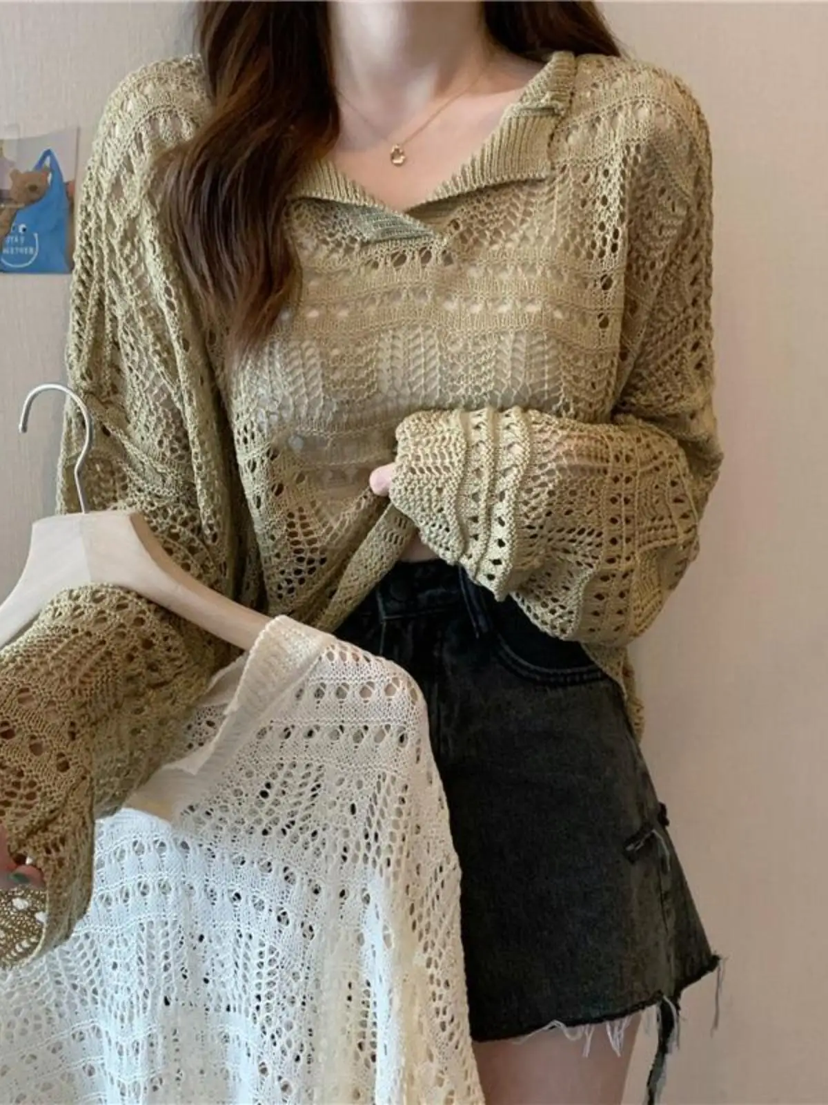 Soie glacée tricoté Long Sve évider mince V-Ne haut femmes été lâche aérien Protection solaire couvrant la climatisation...