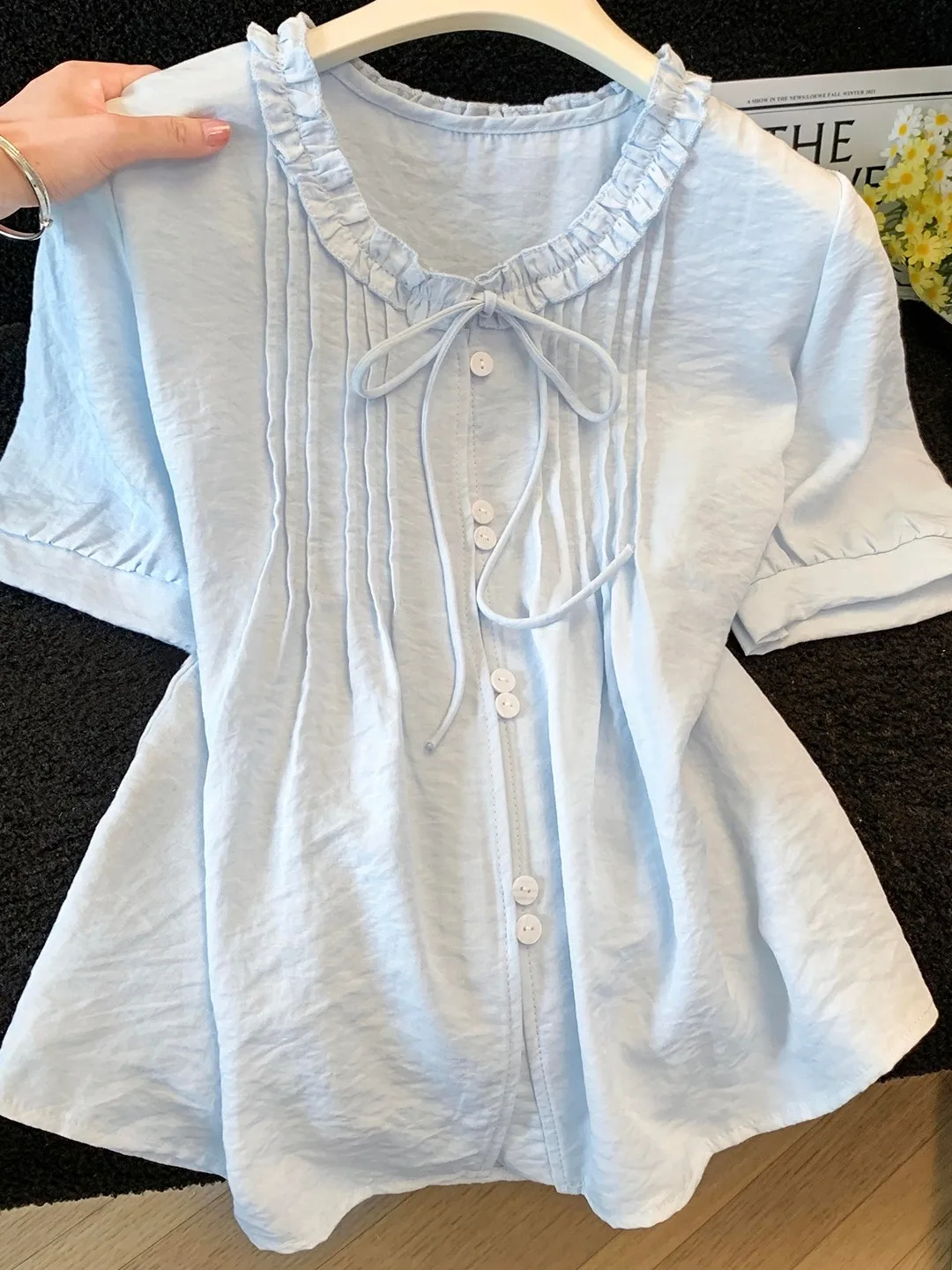 

Blue Cotton Short Sleeve Shirt Women's Loose Fit Knot Pure Cotton Top Youthful Style Summer Collection 2026