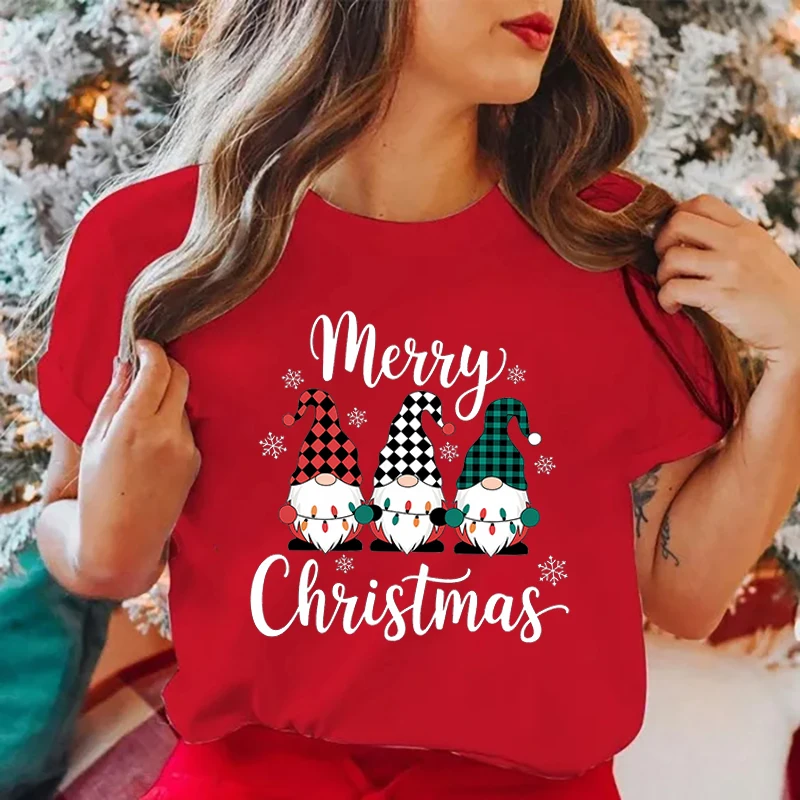 

2025 Christmas Gnome Merry Christmas Printing T Shirt Women New Tops Tees Fashion Harajuku Kawaii T-shirt Women's Y2K Clothing