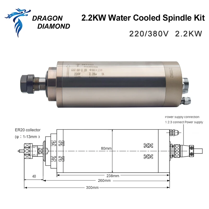 ER20 2.2KW water cooled Spindle cnc router HQD spindle motor kit 24000rpm high frequency 220v/380v wood working 