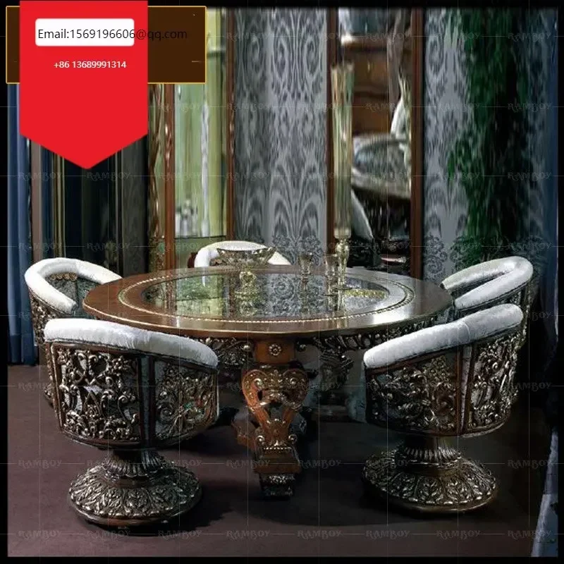 

Italian dining table luxury villa dining room round solid wood carved table chair combination