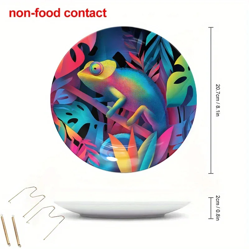 1pc 8-Inch Round Ceramic Chameleon Wall Decor Plate with Tropical Leaf Pattern, Modern Vibrant Mural Art Home Décor, Unique