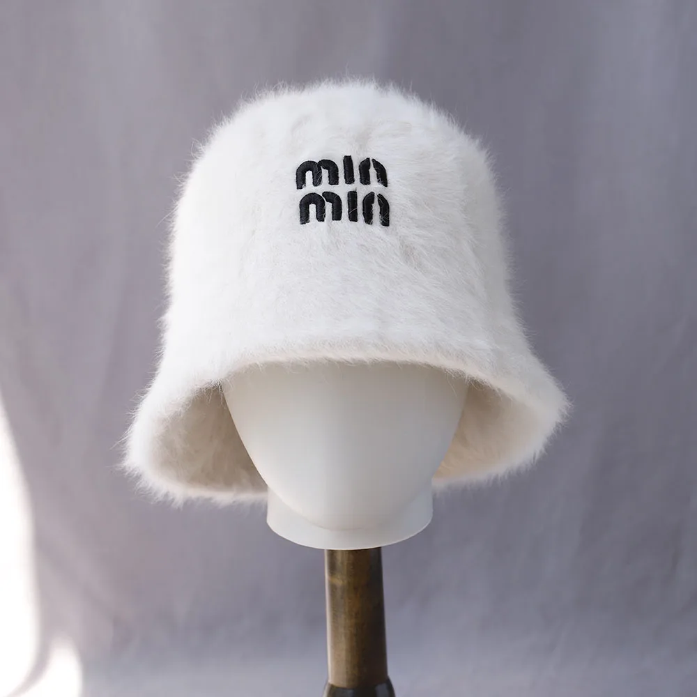 2025 Hat winter women's fashion Solid color with letter rabbit fur hat bucket cap Y2K fashion knitted wool basin Bucket Hat