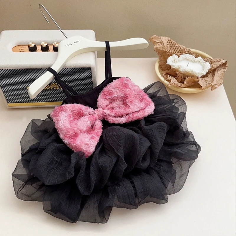 Cat and Dog Dress Summer Pink Rose Bow Slip Dress Bubble Skirt Black Princess Dress Small and Medium-sized Pet Clothing