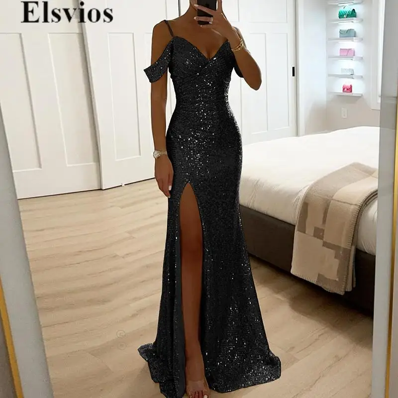 Luxury Glitter Sequins Evening Gala Dress Women Banquet   Hollow Shoulder Hips Bag Dress Elegant V-neck Full Length Party Dress