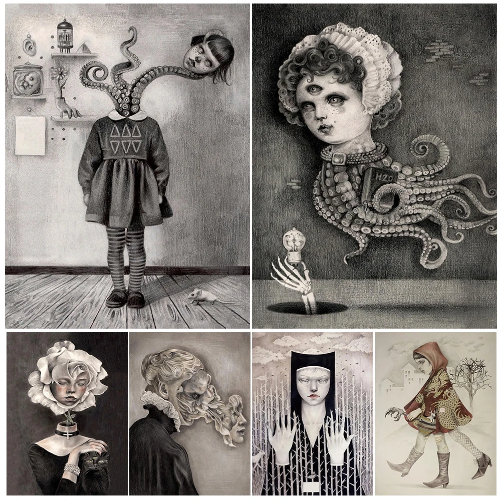 

Creepy Octopus Girl Abstract Wall Art Canvas Paitning The Scary Flower Girl Surreal Fantasy Art Poster And Print Home Decoration