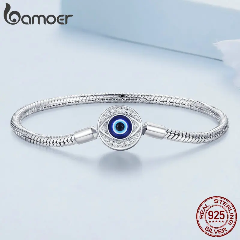 Bamoer 925 Sterling Silver Demon Eye Basic Bracelet Snake Chain Bracelet for Women Charms DIY Pave Setting CZ Fine Jewelry