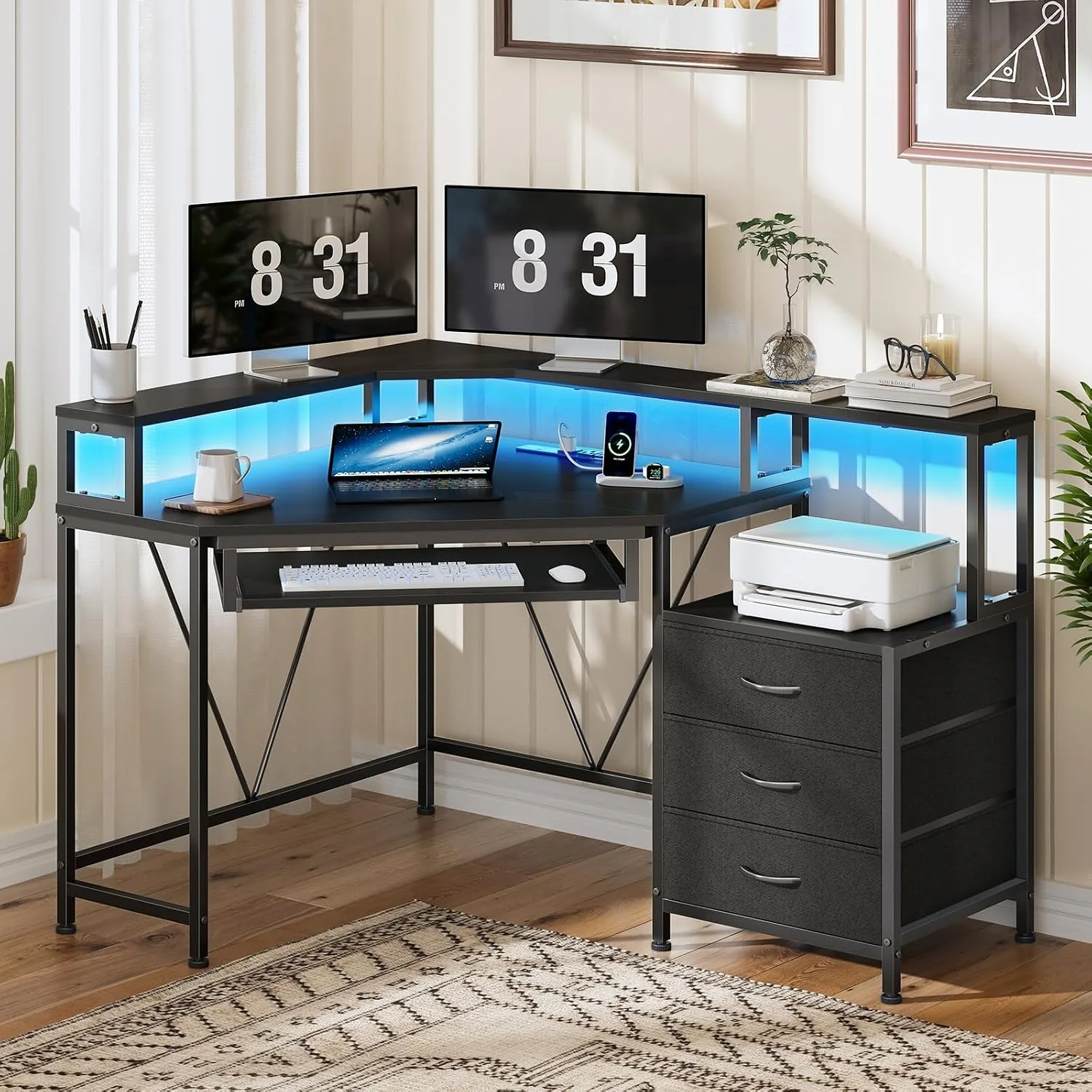 47" Corner Desk with Drawers, Power Outlets ＆ Printer Shelf for Small Space - view 3