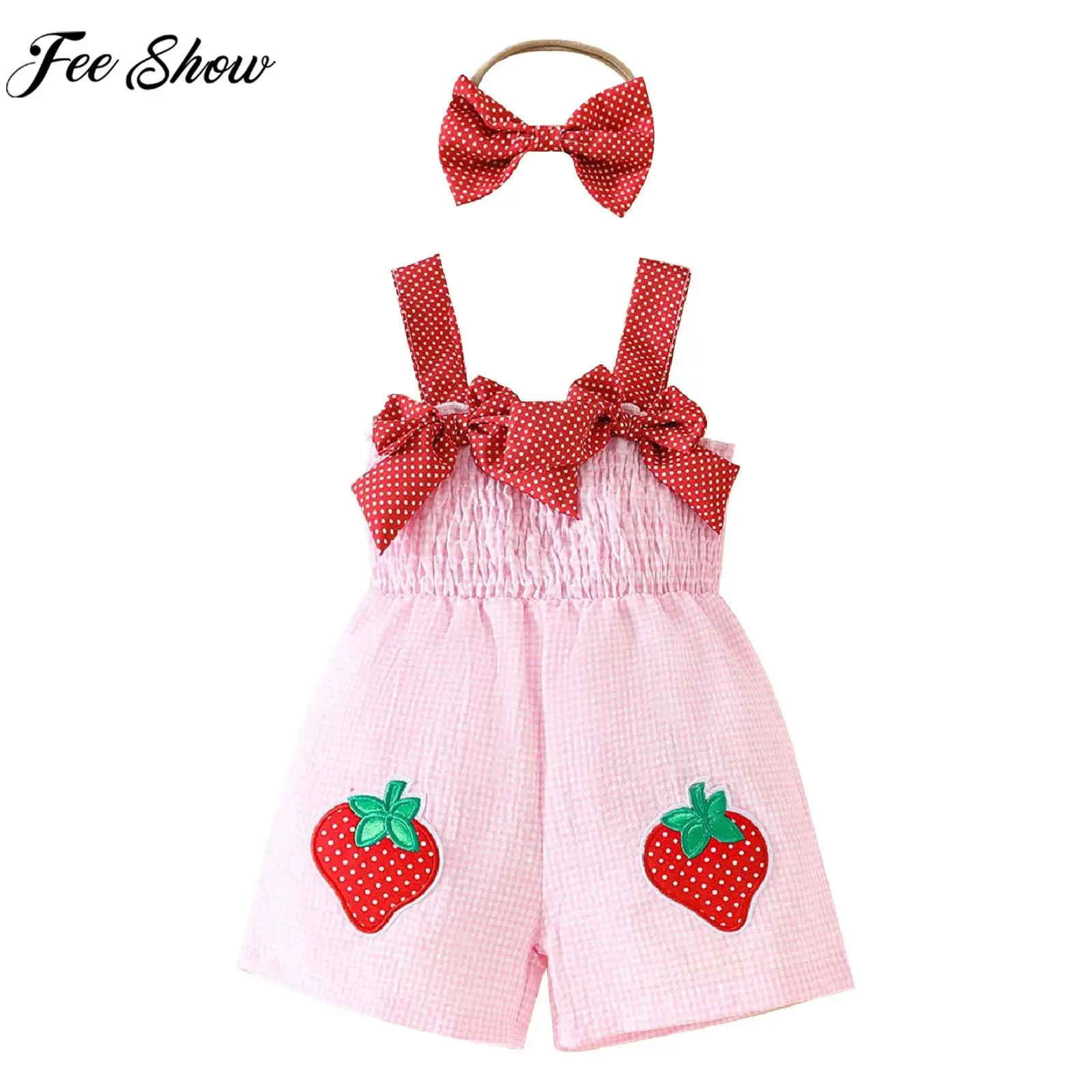 

Little Girls Sweet Cute Romper Overalls Sleeveless Plaid Printed Jumpsuit with Headband Birthday Party Photography Costume Set