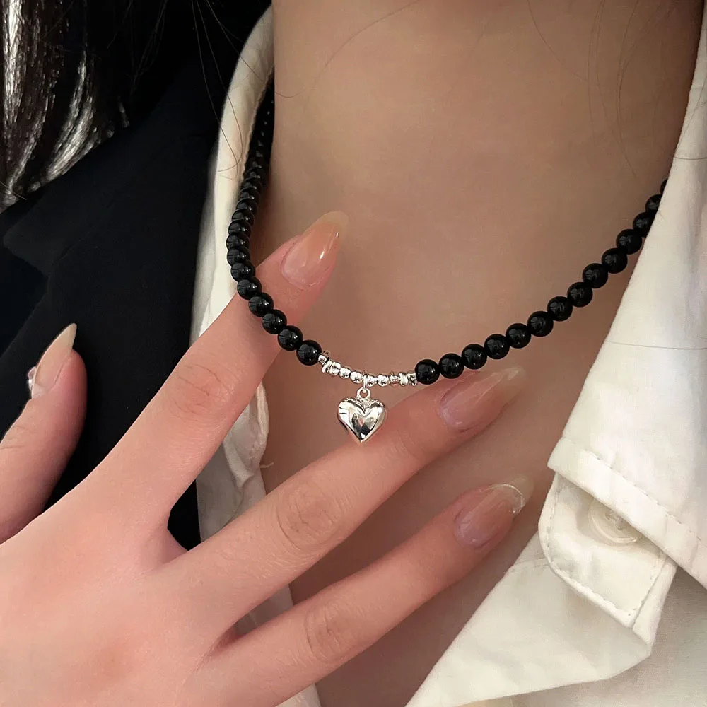 Trend Wedding Party Jewelry Silver Color Heart Pendant Necklace For Women Elegant Black Imitation Pearl Beach Vacation Necklaces