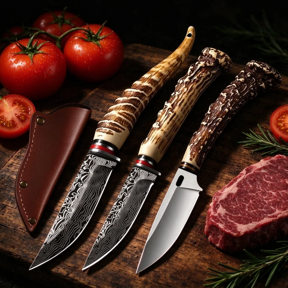 Fixed Blade Steak Fruit Knife Set Damascus Pattern Blade Imitation Stag Antler Handle Fruit Knife Leather Sheath Gift for Men