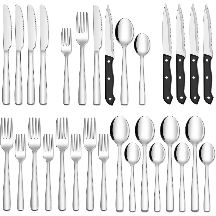 

24Piece Silverware Set with Steak Knives Stainless Steel Flatware Cutlery Mirror Polished Flatware Serving Utensils Set for 4 I