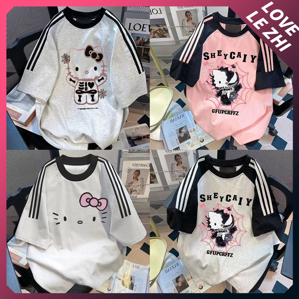 

2024 Fashion Sanrioed Hello Kittys New Short Sleeved Kawaii Girls Boys Plus Size Loose Summer Autumn Print Tops Tee Shirts