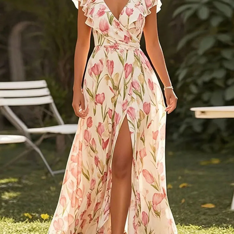 เซ็กซี่ V คอเอวสูงแยกหลวมชุดผู้หญิงฤดูร้อนแขนสั้นพิมพ์ Boho A-Line ชุดลําลอง Hollow Holiday Dresses