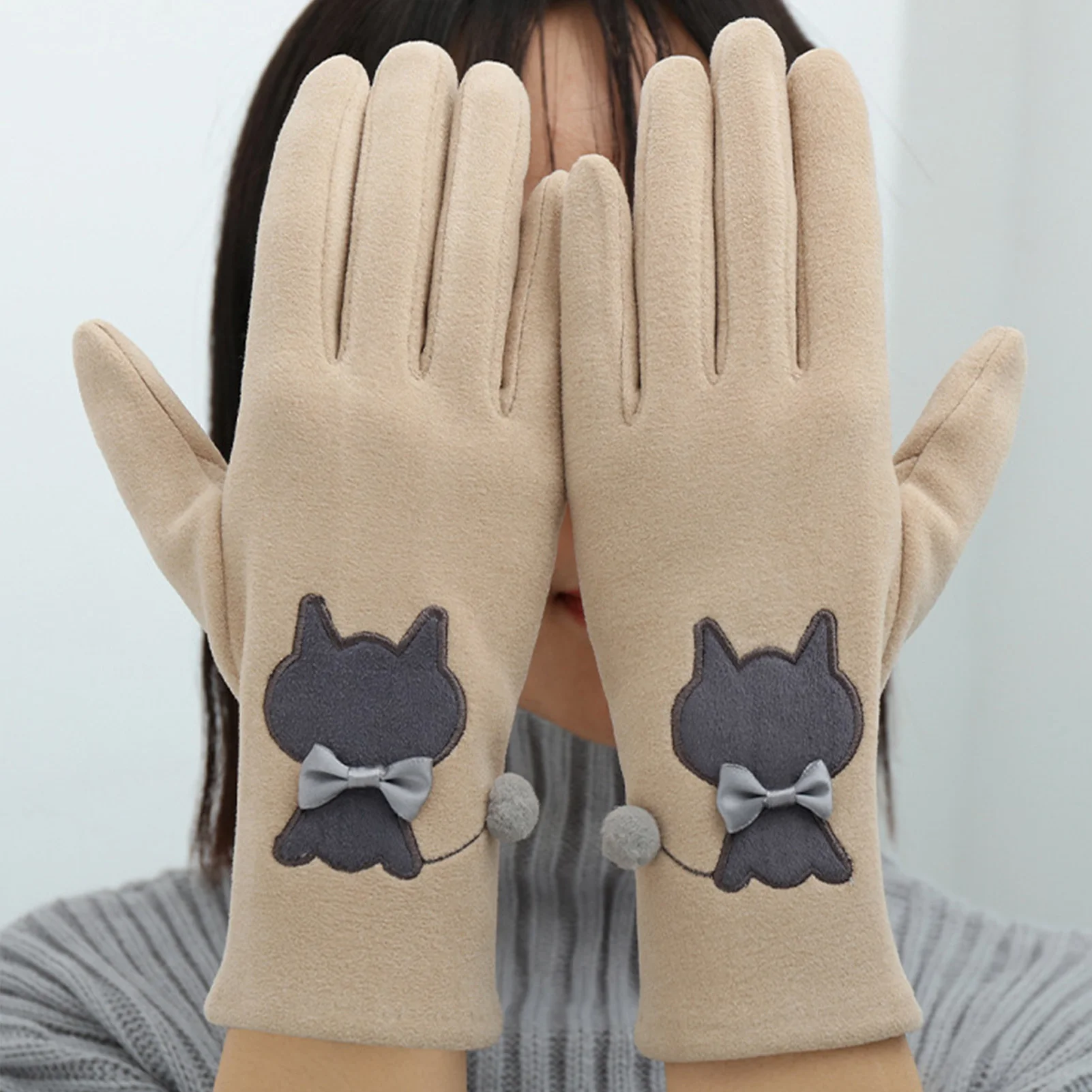 Cute Winter Gloves Cat Pattern Warm Knit Mittens for Cold Weather Outdoor Commuting Daily Wear Fleece Lined Touchscreen