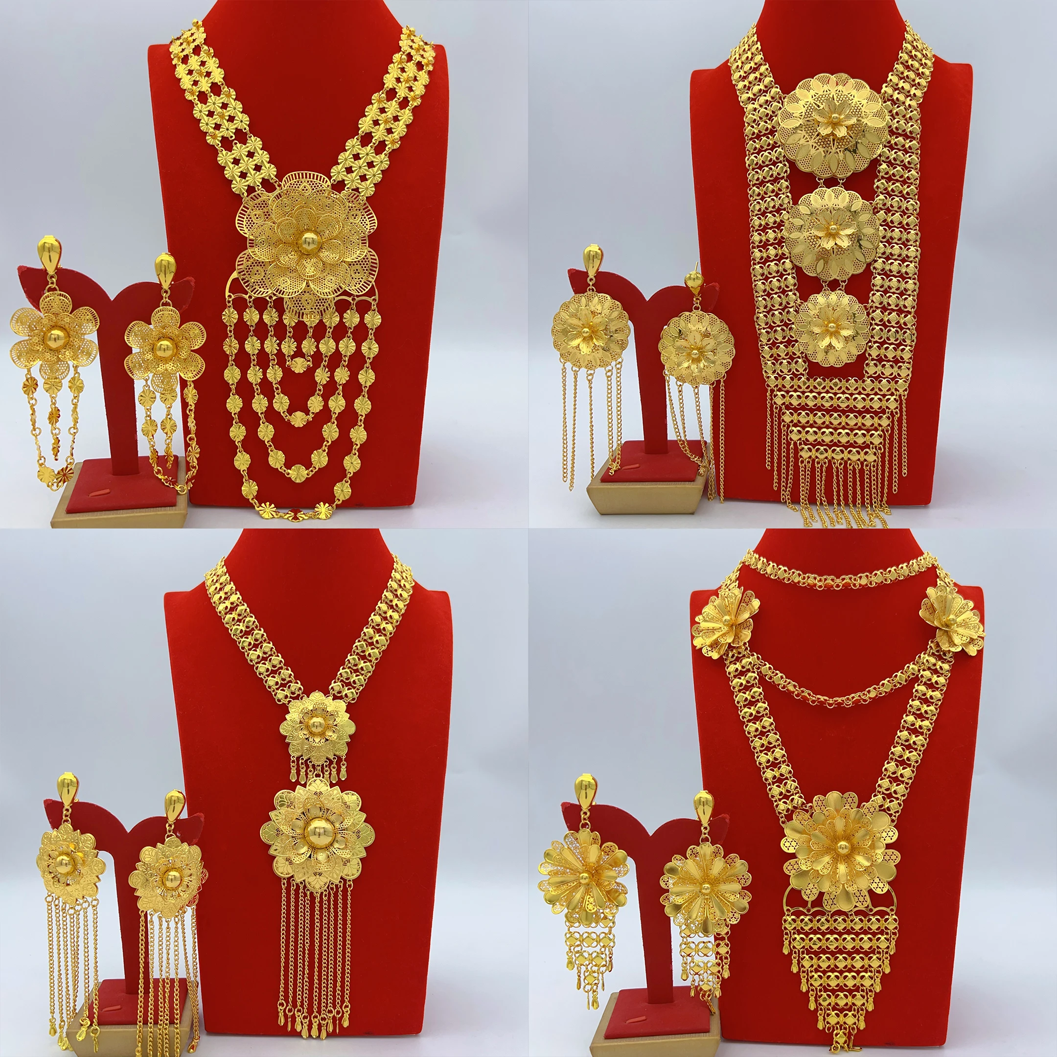 Nigerianisches Brautschmuck-Set mit großer Halskette und Ohrringen für Damen, 24 Karat vergoldet, indisch-afrikanischer Dubai-Hochzeitsschmuck, Geschenk für Hochzeiten und Partys