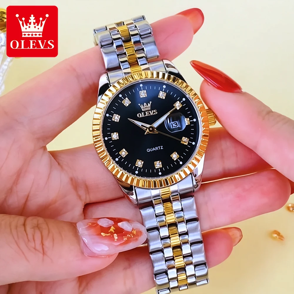Olevs relógios femininos de luxo marca superior aço fino original relógio de pulso quartzo para senhora à prova dwaterproof água data luminosa rosca moldura 5520