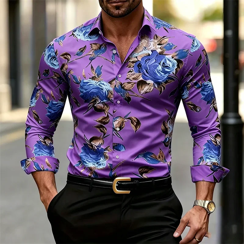 Men's Long-sleeve Collared Shirt with Floral Print, Casual Style Men's Top view 6