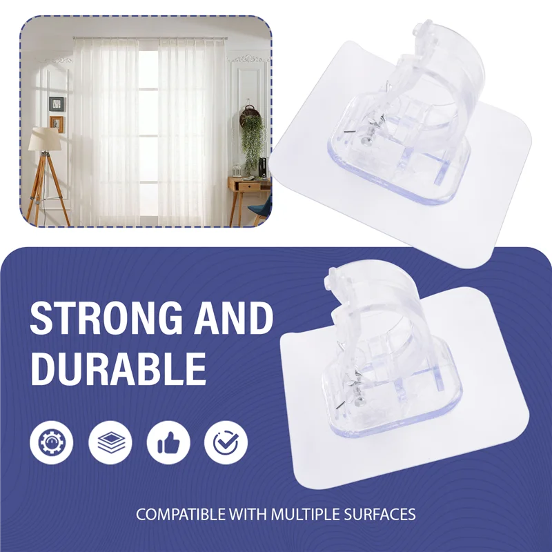 No Drill Curtain Rod Brackets Set 2-Piece Adjustable Adhesive Curtain Rod Holders Set Kit