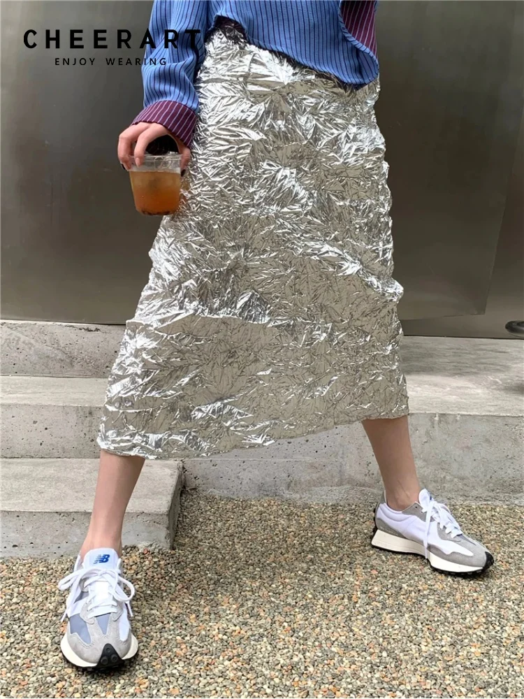 CHEERART Metallic Long Silver Skirt For Women Summer Texture Ruched High Fashion A Line Glitter Slit Midi Skirt Designer Clothes