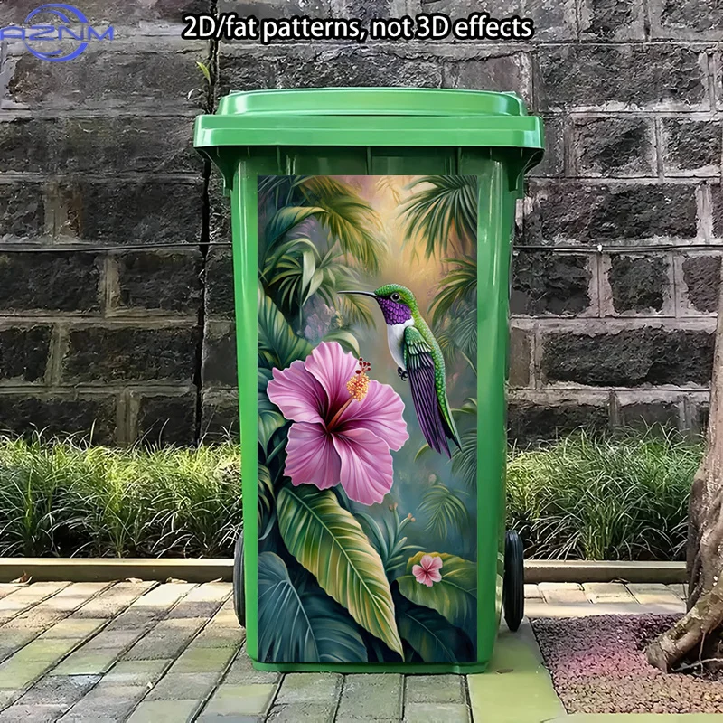 Hummingbird and Hibiscus Trash Can Stickers Art, Tropical Peel and Stick Stickers, Gorgeous Trash Can Stickers Decor, Abstract