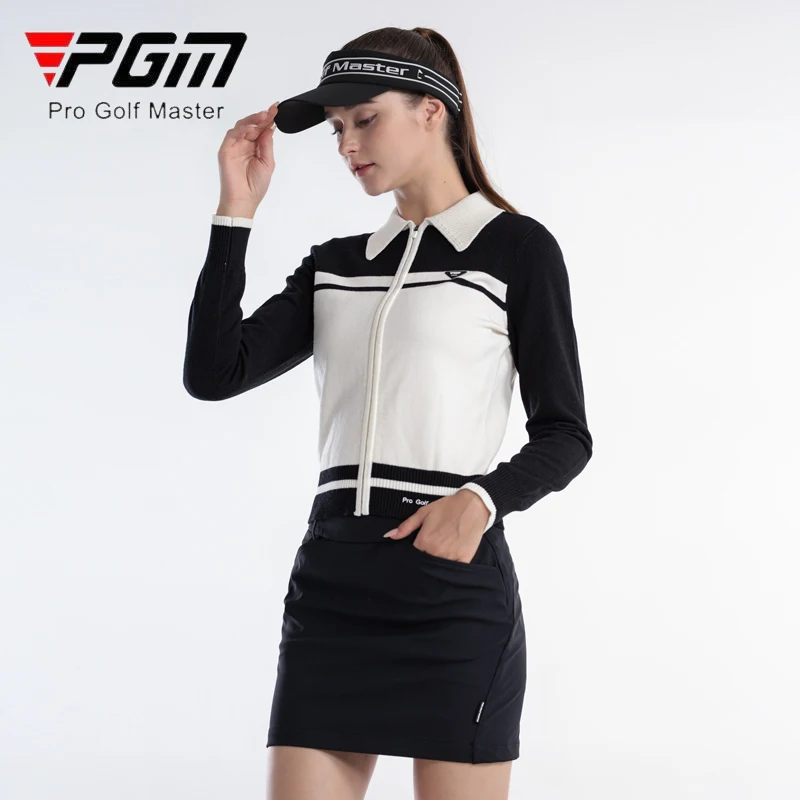 PGM Ladies Warm Long Sleeve Golf Shirt Women Patchwork Knitted Golf Sweater Women Slim Full Zipper Athletic Tops Casual Apparel