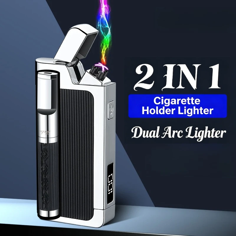 All-in-One Rechargeable Lighter – Dual Arc Ignition, 3-Size Cigarette Holder, Zinc Alloy Body, Luxury Leather Texture for Men