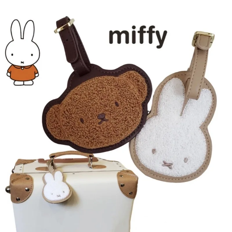 Kawaii Anime Miffy Rabbit Boris Bear Luggage Tag Cute Cartoon Embroidered Leather Portable Bag Girl Gift
