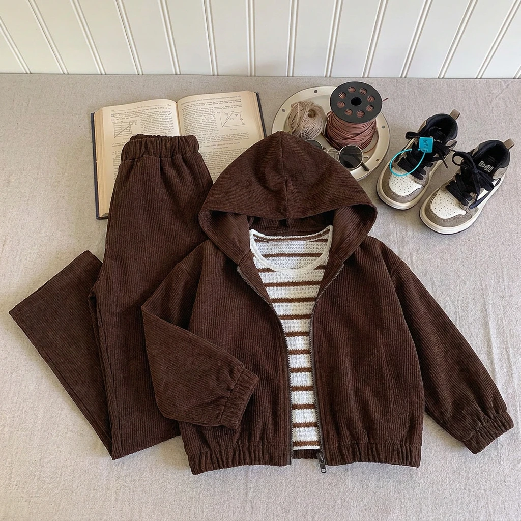 Coffee Casual 3-7 Year Old Children's Autumn and Winter Set with Hooded Zipper Sweater+ Knitted Vest+pants Three Piece Set