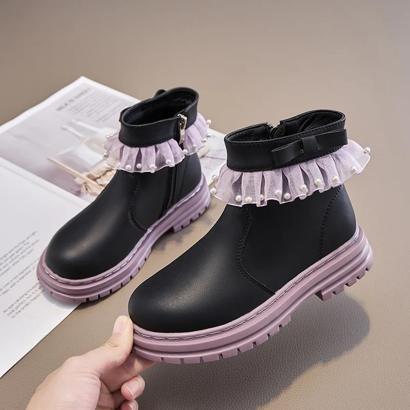 Girls Boots Autumn Winter Toddler Kids Princess Fashion Middle Calf Boots Children Shoes Warm Fur Lace Pearls Soft Sole Platform