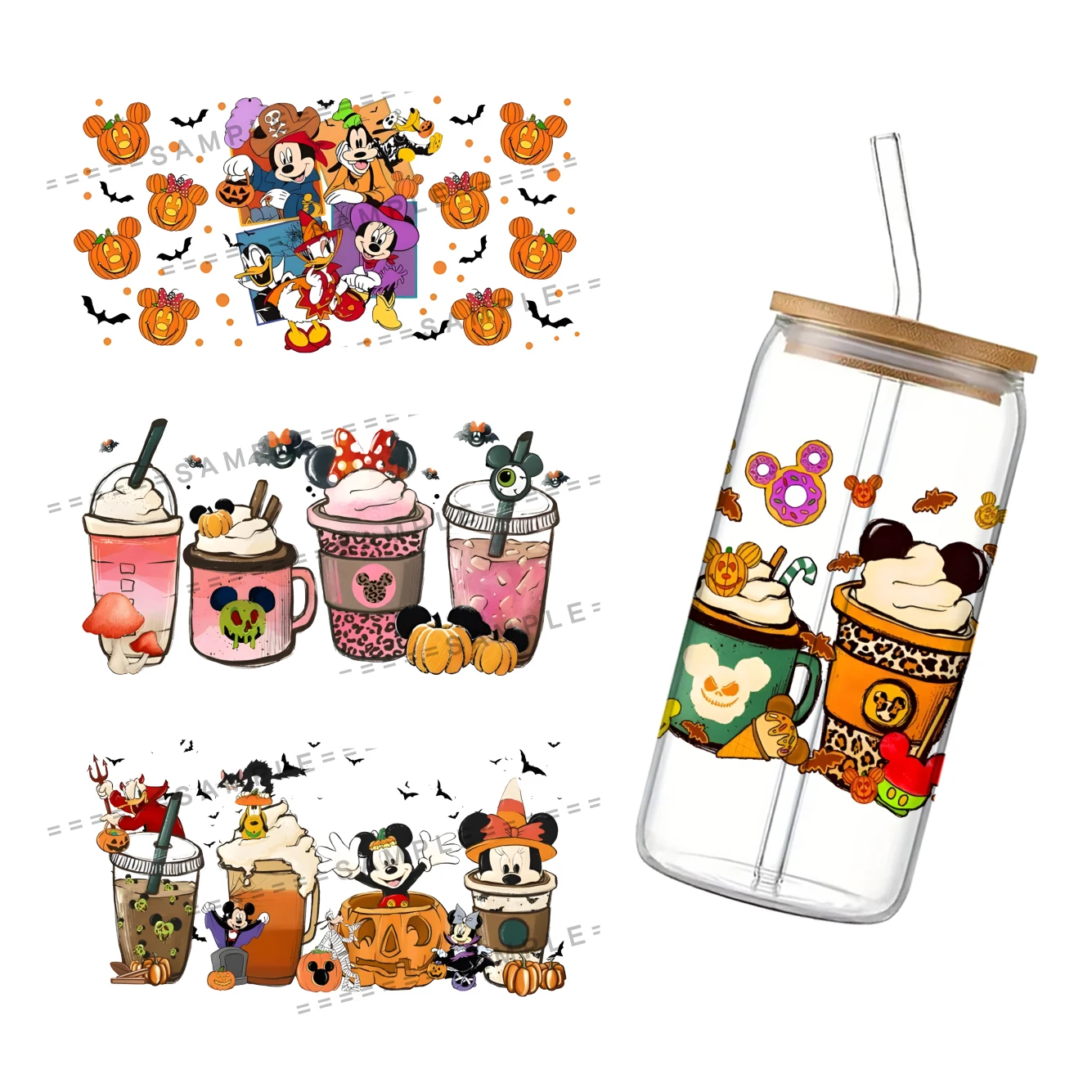 Mickey Minnie Mouse Disney Halloween Theme For Libbey 16oz Can Glass 3D Waterproof UV DTF Coffee Can Wrap Libbey Glass Wrap