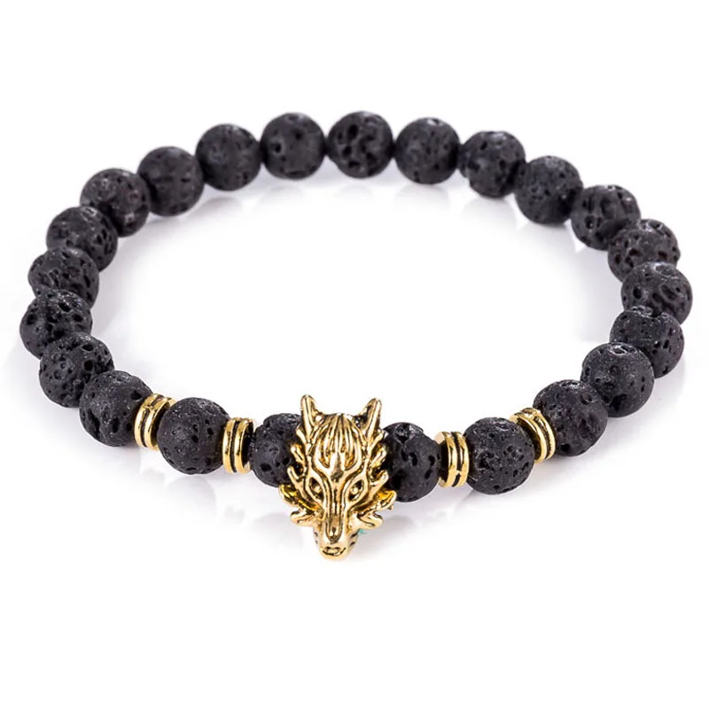 Bracelet en pierre de lave volcanique noire naturelle pour hommes, charmes de dragon tendance, bracelets perlés cool, bijoux masculins