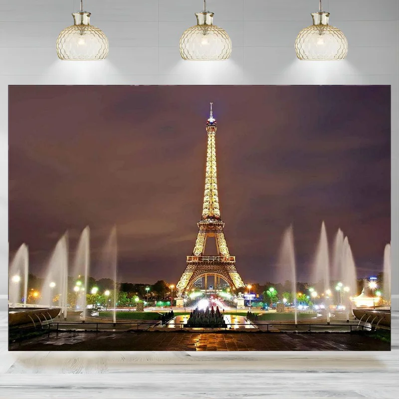 Eiffel Tower Photography Backdrop Paris City Night Fountain Background French Landmark Wedding Party Photo Banner Props