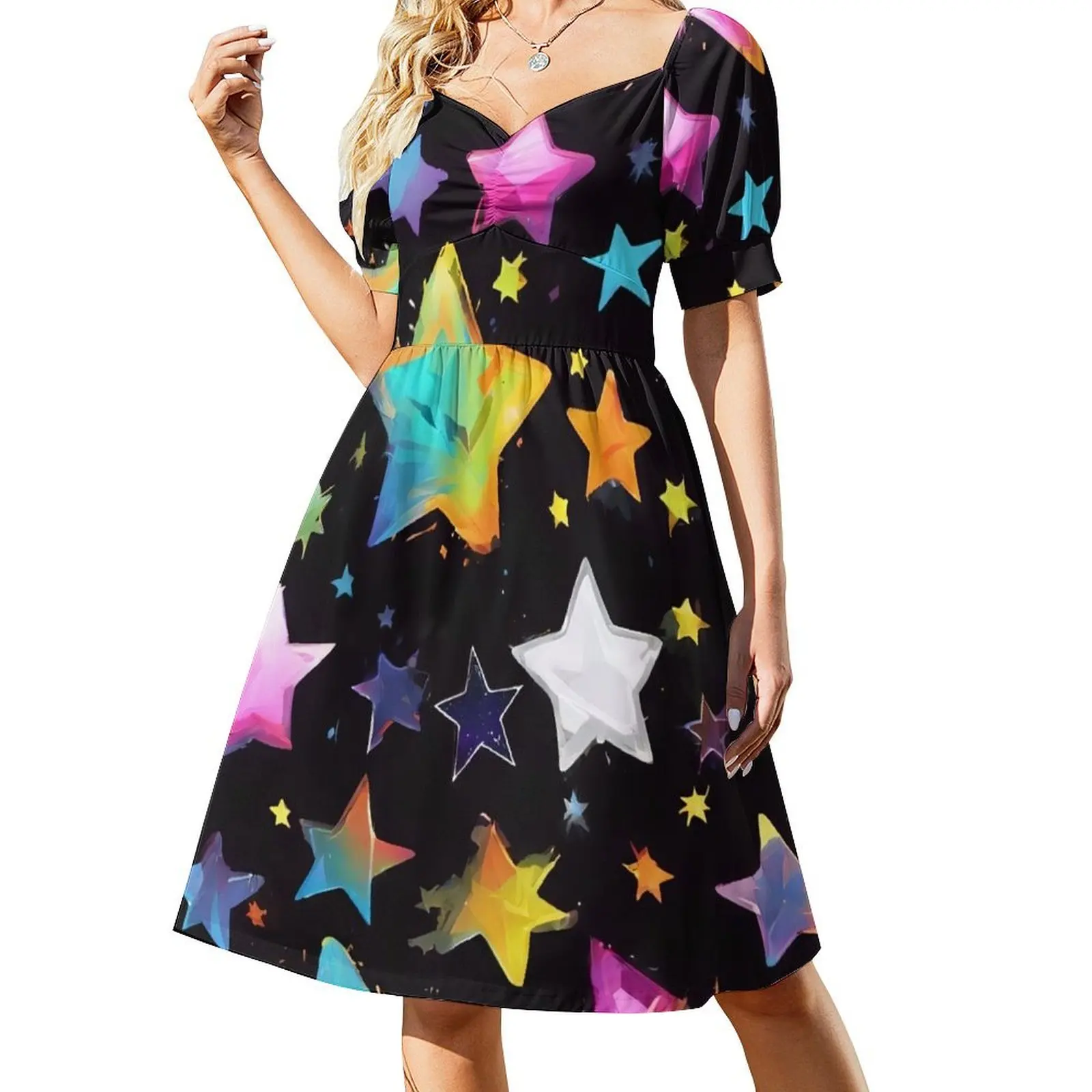 

NEON rainbow cute stars Short-Sleeved Dress luxury evening dresses for women 2025 women clothes