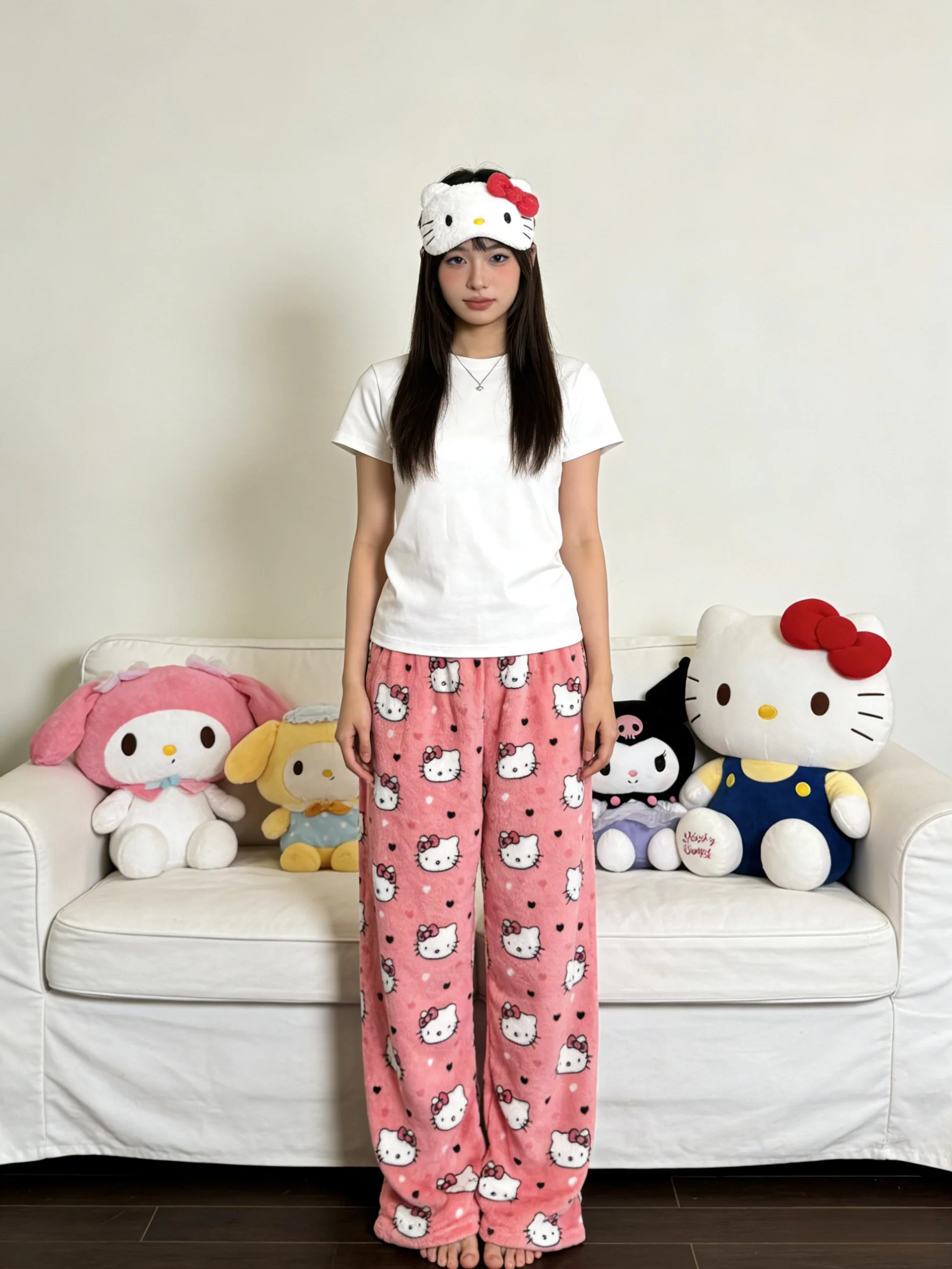 Hello Kitty Flannel Sleep Pants, Rose-colored Warm Lounge Pants, Stylish Strolling Pants for Parties! Ideal Holiday Gift!
