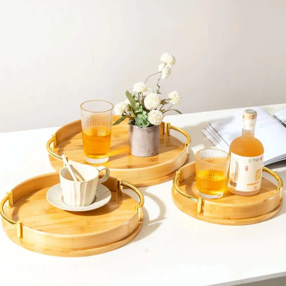 Kitchen Bamboo Serving Tray Round Wooden Platter With Handles Decorative Home Storage Tray For Breakfast Tea Fruit Display